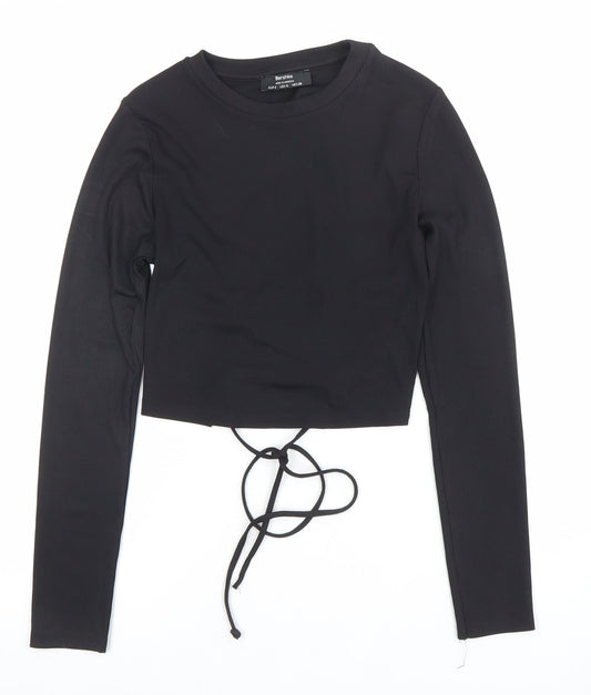 Bershka Women’s Black Cropped Lace Up Long Sleeve Top Size S