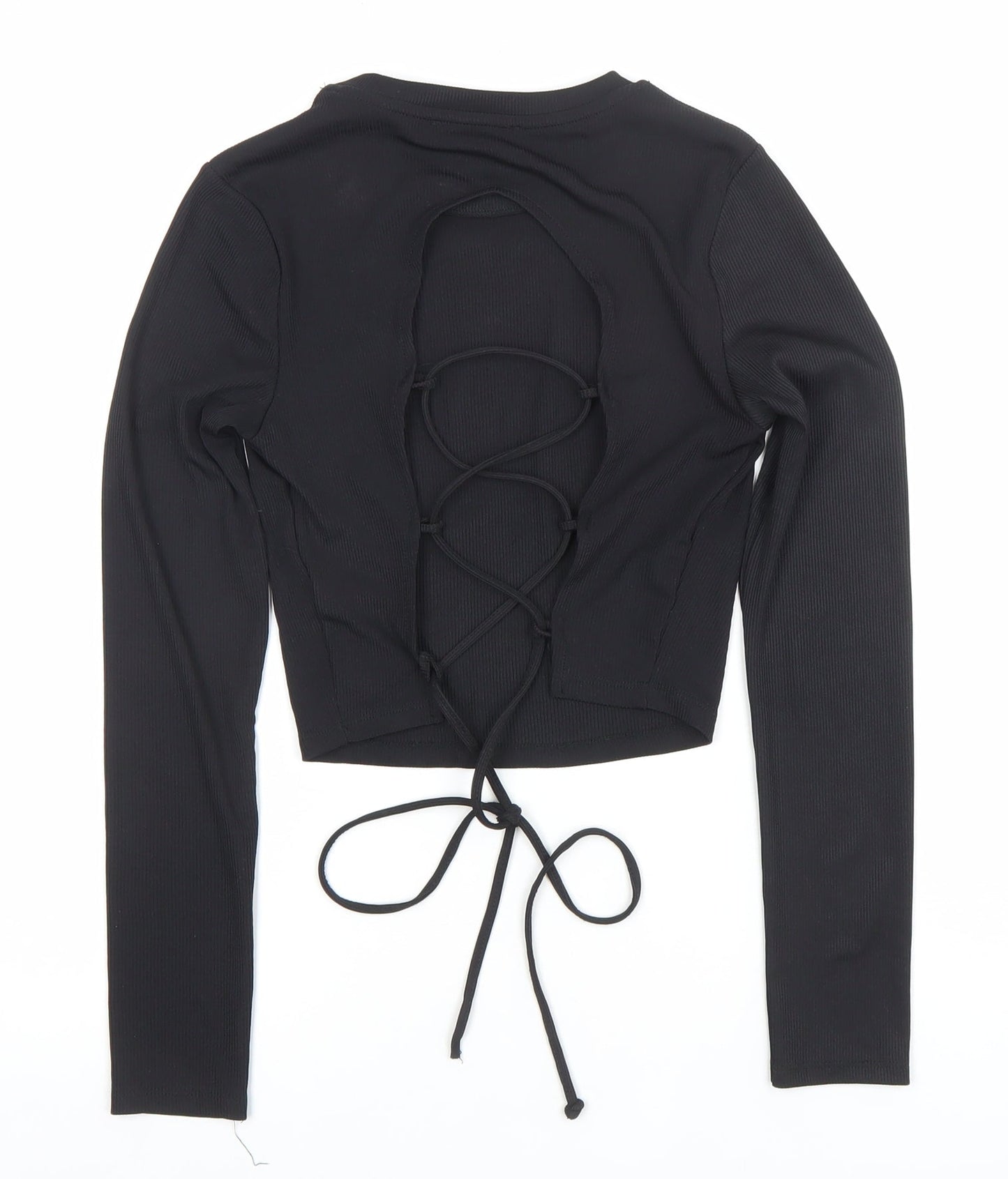 Bershka Women’s Black Cropped Lace Up Long Sleeve Top Size S