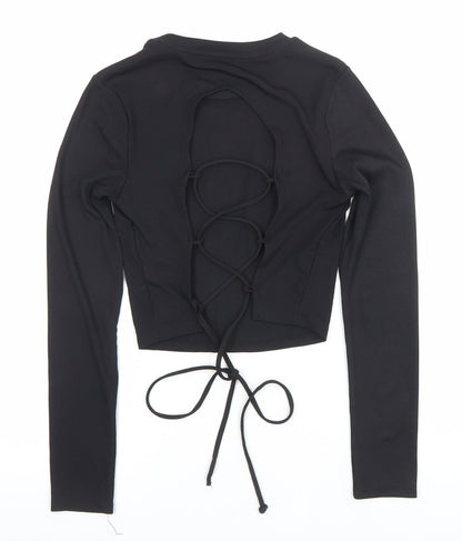 Bershka Women’s Black Cropped Lace Up Long Sleeve Top Size S