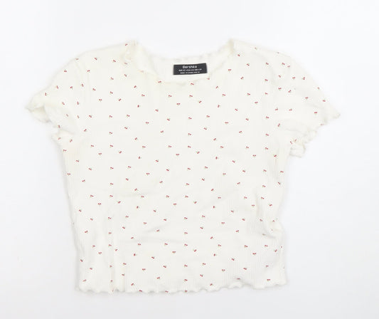 Bershka Womens White Cherry Print Ribbed Short Sleeve T-Shirt XS