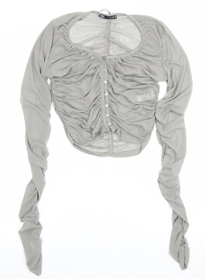 Womens UK Size L Zara Grey Cropped Button-Up