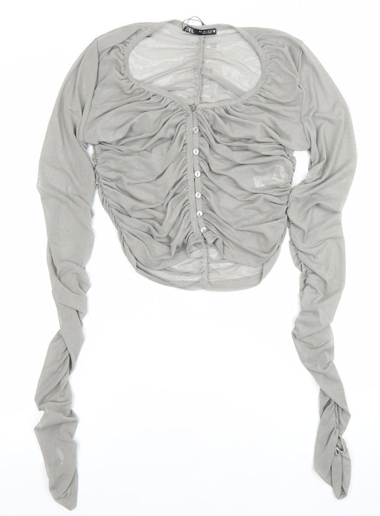 Womens UK Size L Zara Grey Cropped Button-Up