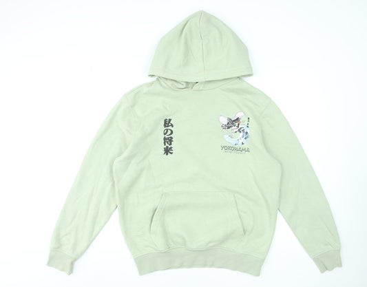 Primark Men's Green Pullover Hoodie Small Graphic Print Yokohama