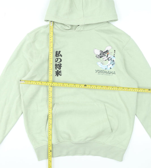 Primark Men's Green Pullover Hoodie Small Graphic Print Yokohama