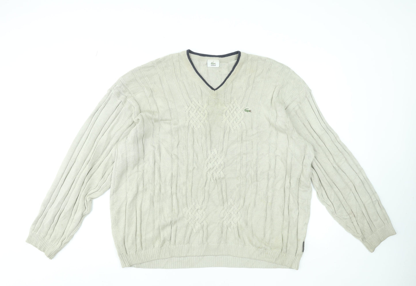 Lacoste Men's Beige Cable-Knit V-Neck Jumper Size 2XL