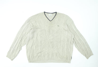 Lacoste Men's Beige Cable-Knit V-Neck Jumper Size 2XL