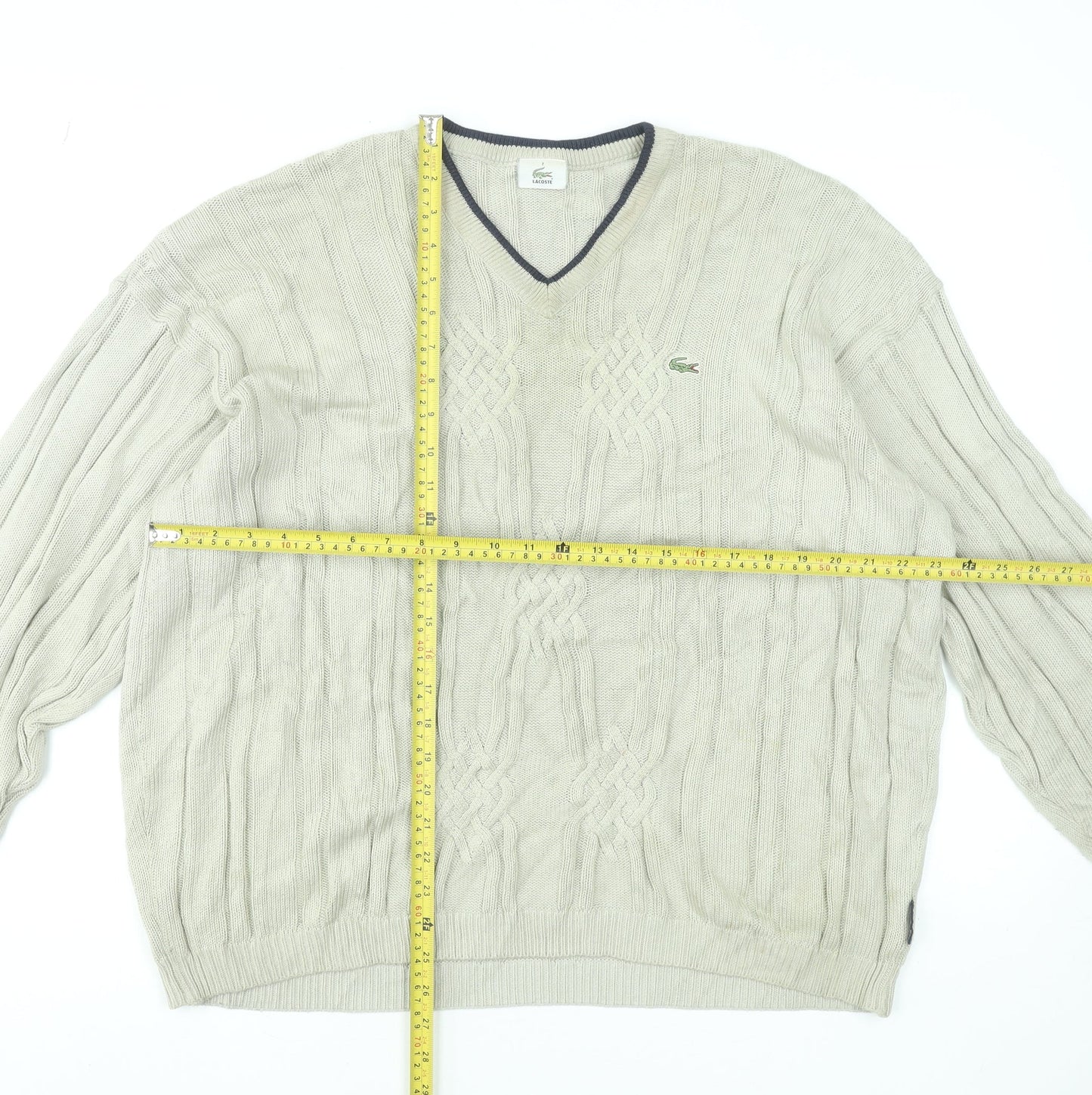 Lacoste Men's Beige Cable-Knit V-Neck Jumper Size 2XL
