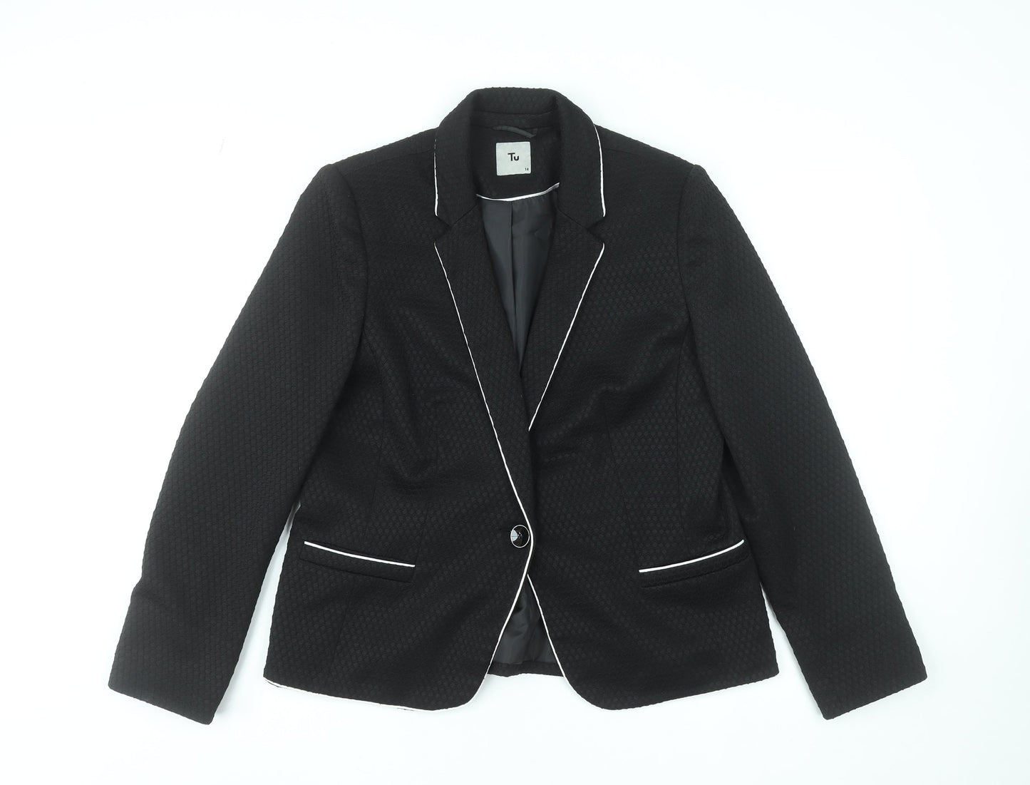 Tu Women Black Textured One-Button Blazer Size 14 Tailored Lined