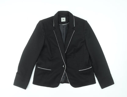 Tu Women Black Textured One-Button Blazer Size 14 Tailored Lined