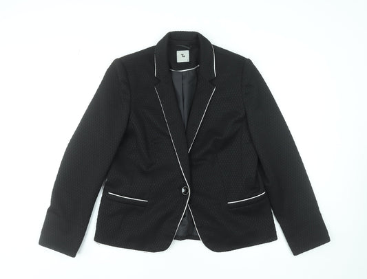Tu Women Black Textured One-Button Blazer Size 14 Tailored Lined