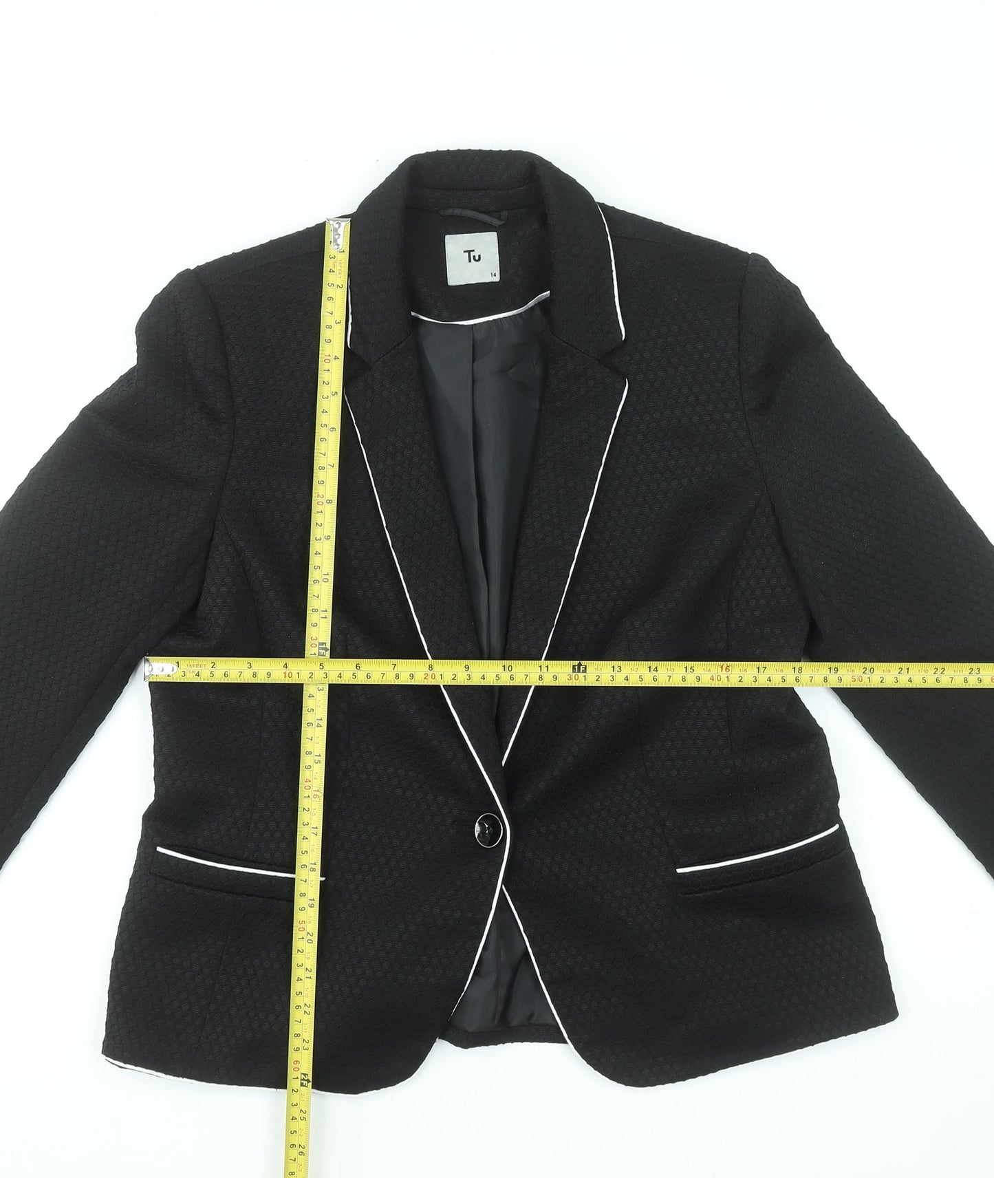 Tu Women Black Textured One-Button Blazer Size 14 Tailored Lined