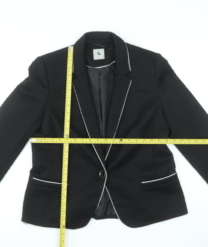 Tu Women Black Textured One-Button Blazer Size 14 Tailored Lined