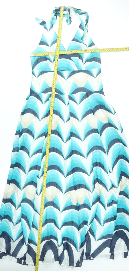 Monsoon Women Blue Halter Long Dress Size 14 Silk Cotton Mix