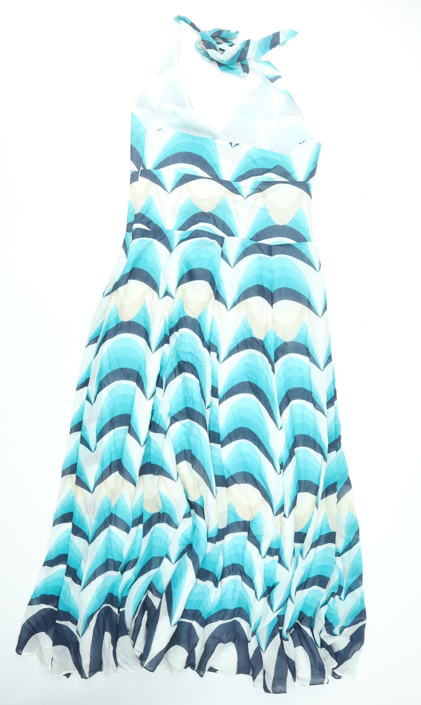 Monsoon Women Blue Halter Long Dress Size 14 Silk Cotton Mix