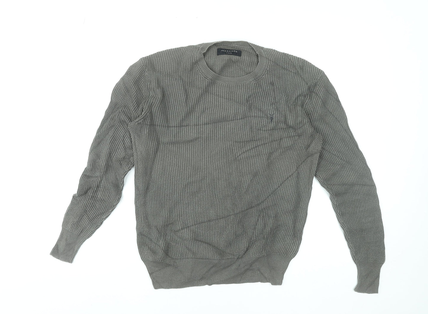 AllSaints Men's Grey Waffle Knit Cotton Pullover Jumper XS