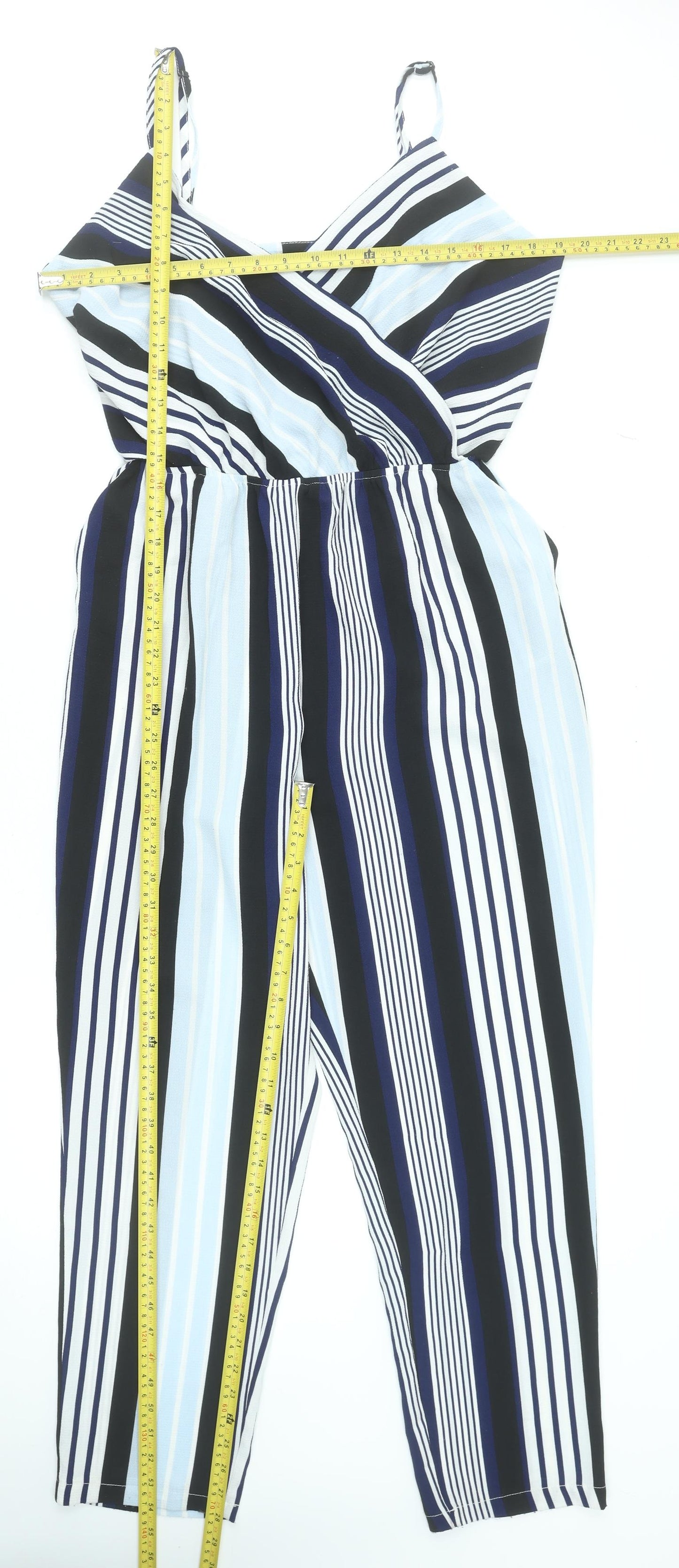 Cameo Rose Womens Black Blue Stripe Jumpsuit Size 12 Sleeveless V-Neck