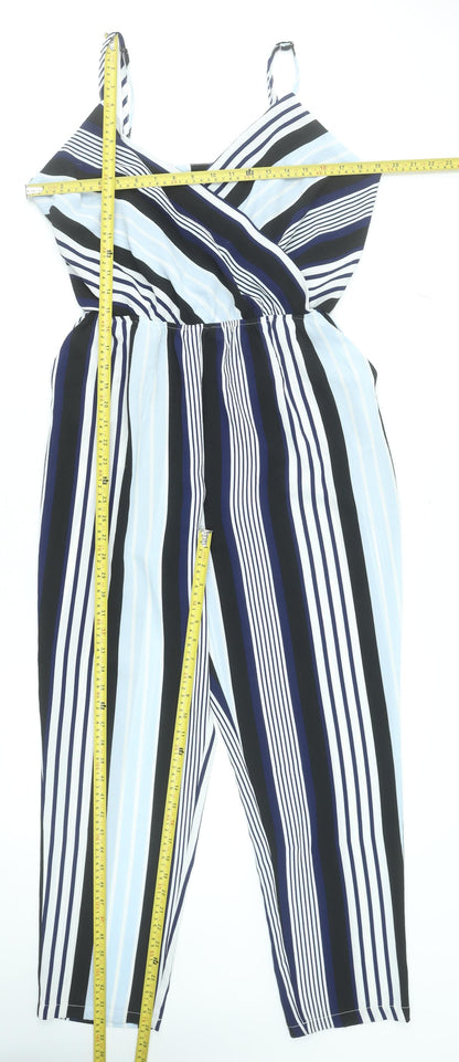 Cameo Rose Womens Black Blue Stripe Jumpsuit Size 12 Sleeveless V-Neck