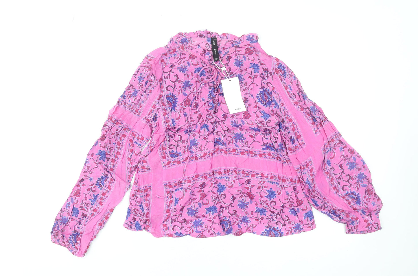 MNG Women Pink Floral Bohemian Long Sleeve Viscose Blouse XS