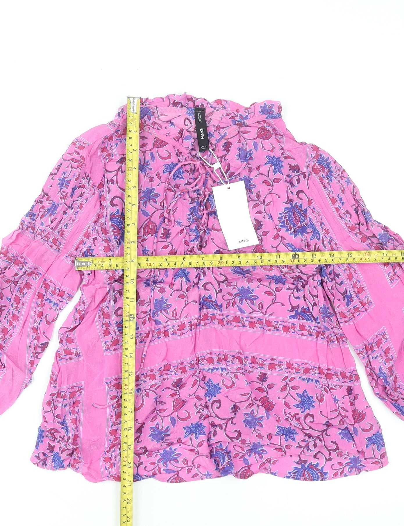 MNG Women Pink Floral Bohemian Long Sleeve Viscose Blouse XS