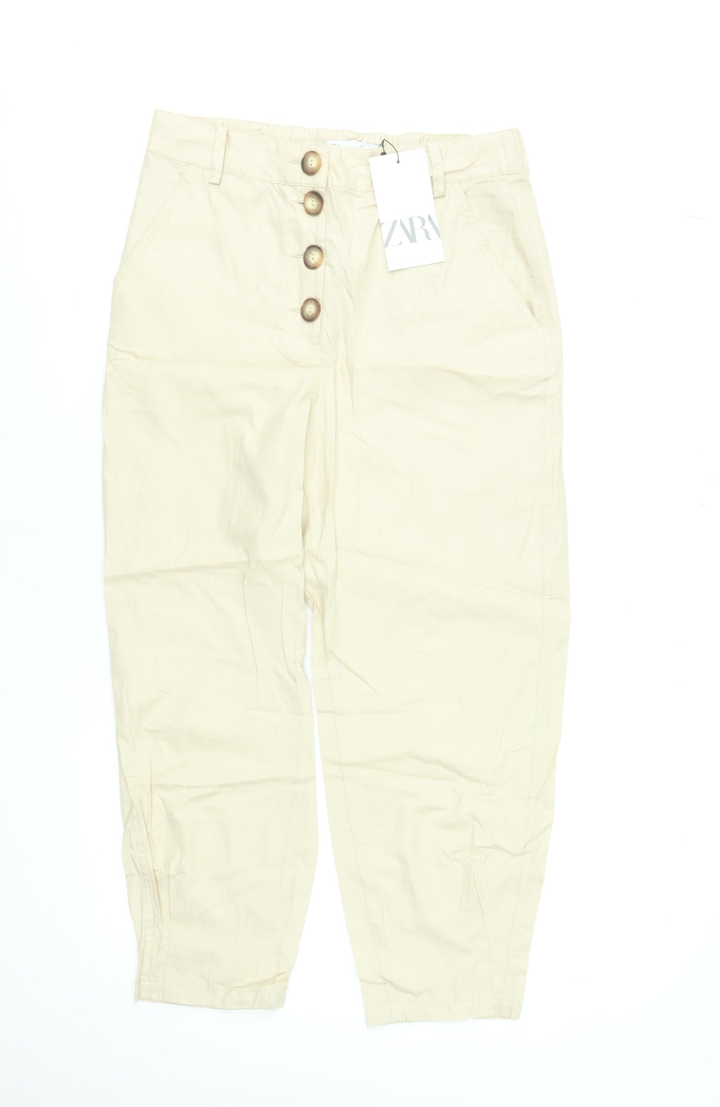 Womens UK Size XS Zara Regular Fit Cropped Beige Trousers