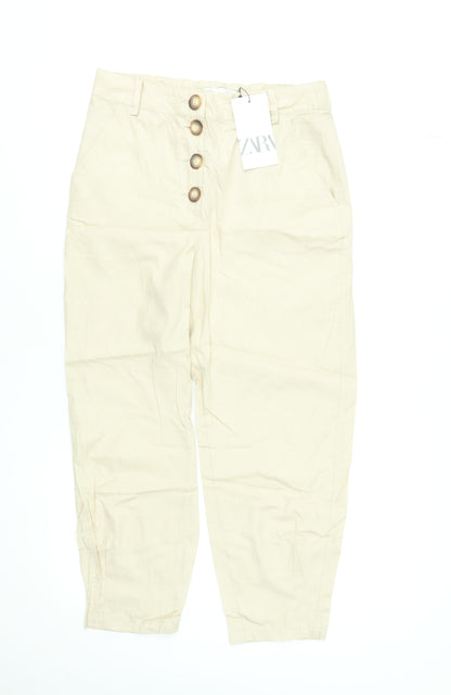 Womens UK Size XS Zara Regular Fit Cropped Beige Trousers