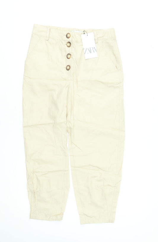 Womens UK Size XS Zara Regular Fit Cropped Beige Trousers