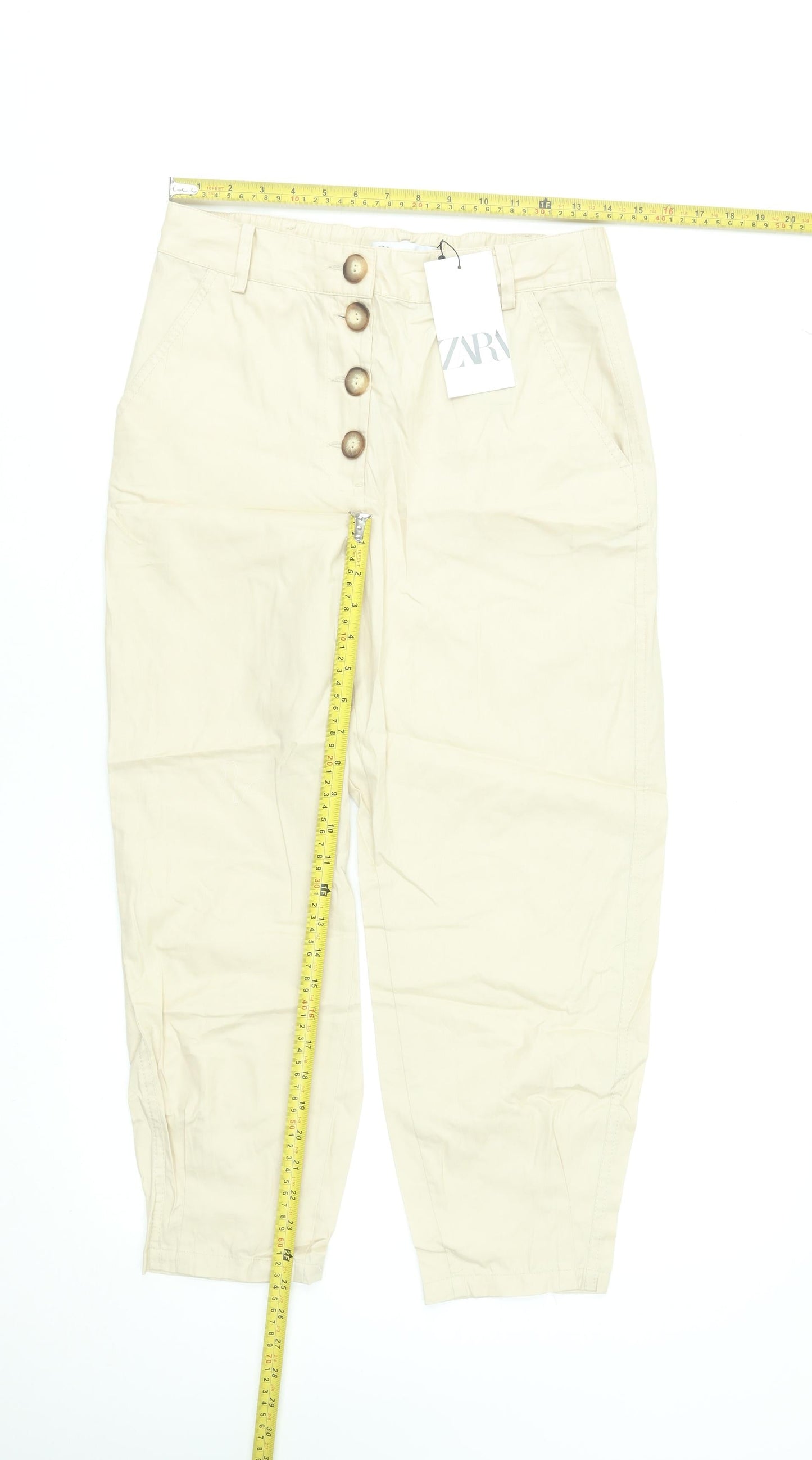 Womens UK Size XS Zara Regular Fit Cropped Beige Trousers
