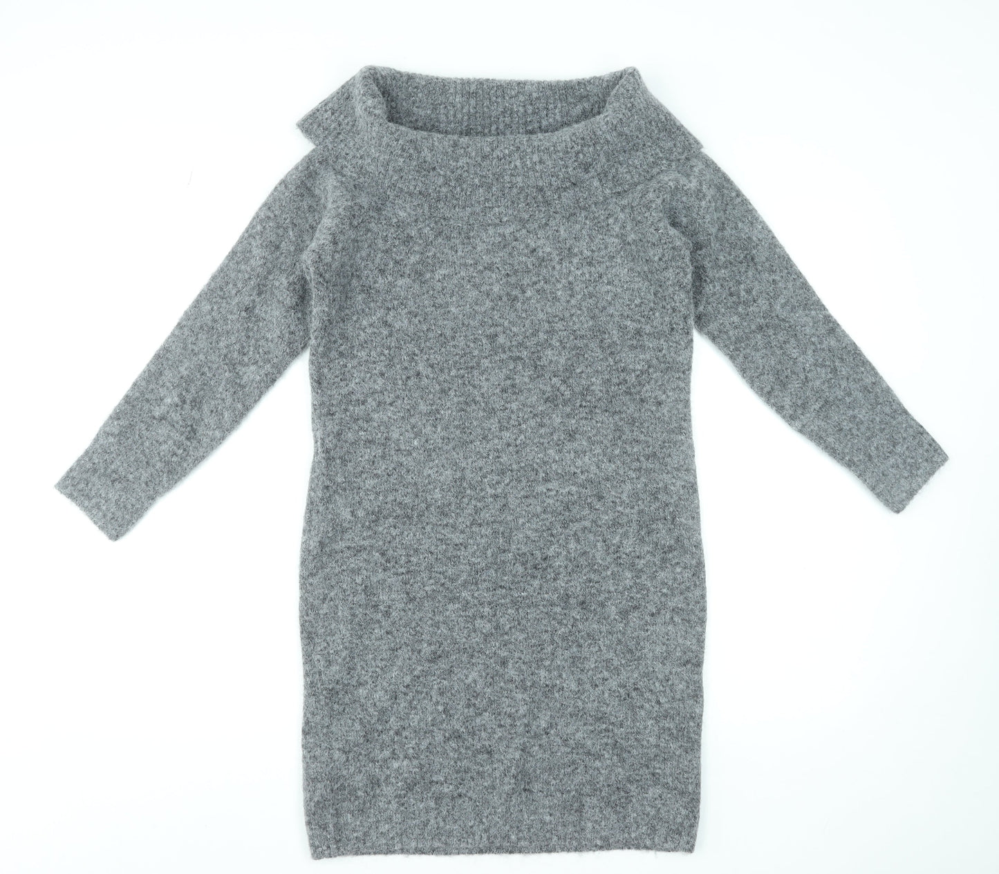 Primark Women Grey Jumper Dress S Off Shoulder Knit Wool Blend