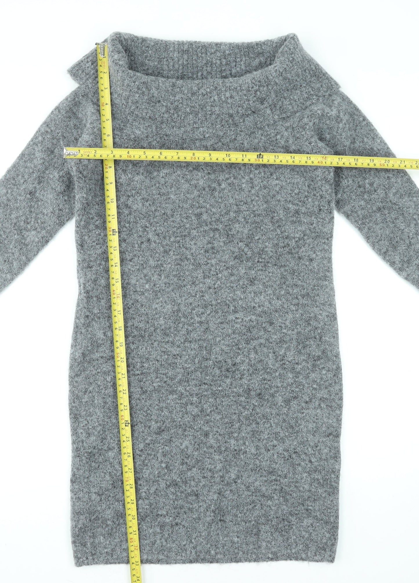 Primark Women Grey Jumper Dress S Off Shoulder Knit Wool Blend