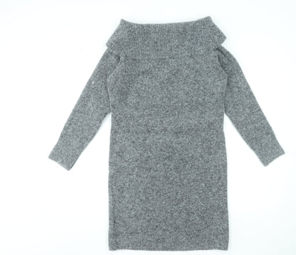 Primark Women Grey Jumper Dress S Off Shoulder Knit Wool Blend
