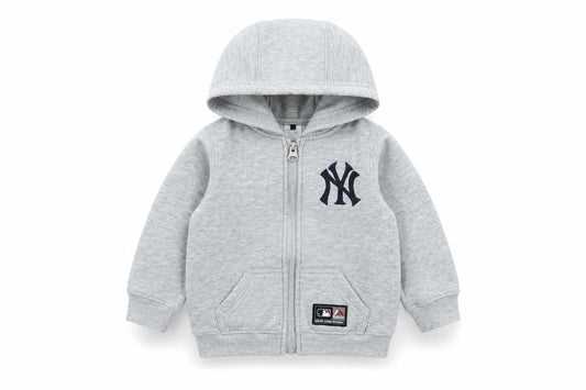 Front view of Majestic Athletic unisex baby grey hoodie 3-6 months polyester cotton zip up