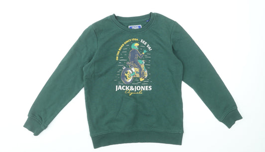 Jack & Jones Boys Green Graphic Sweatshirt Size 12 Years Crew Neck Cotton Blend
