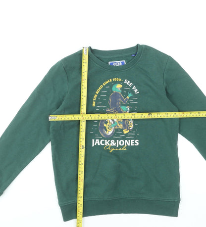 Jack & Jones Boys Green Graphic Sweatshirt Size 12 Years Crew Neck Cotton Blend