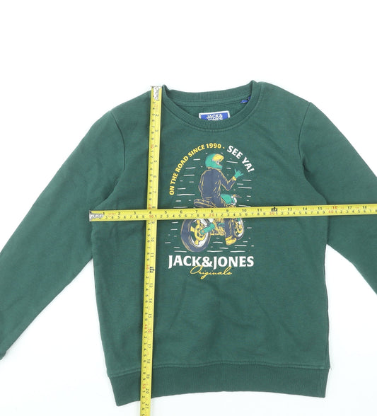 Jack & Jones Boys Green Graphic Sweatshirt Size 12 Years Crew Neck Cotton Blend