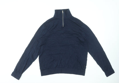 Jack & Jones Men's Blue L High Neck 1/2 Zip Cotton Knit Jumper