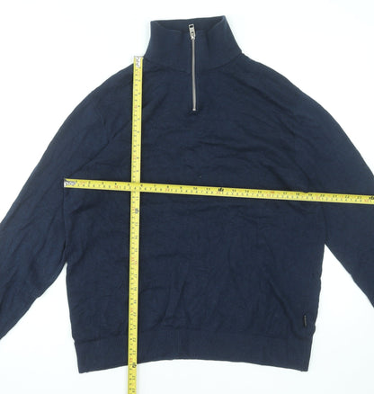 Jack & Jones Men's Blue L High Neck 1/2 Zip Cotton Knit Jumper