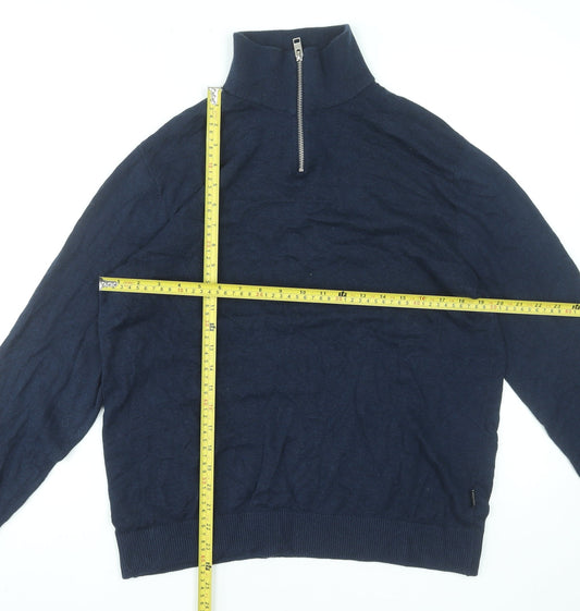 Jack & Jones Men's Blue L High Neck 1/2 Zip Cotton Knit Jumper