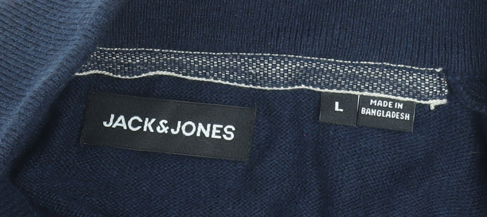 Jack & Jones Men's Blue L High Neck 1/2 Zip Cotton Knit Jumper