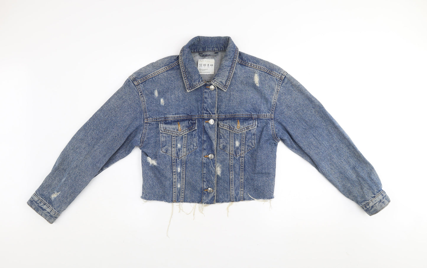 Primark Women’s Blue Cropped Denim Jacket Size 12 Distressed Style