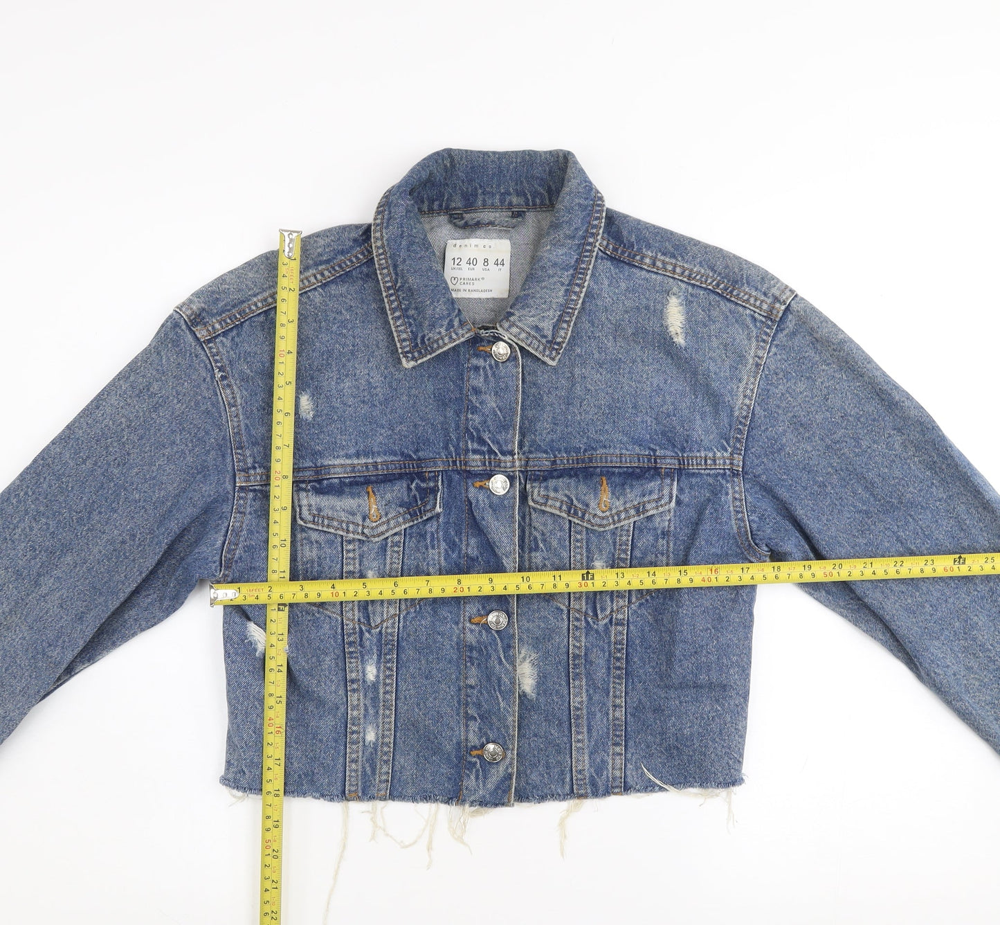 Primark Women’s Blue Cropped Denim Jacket Size 12 Distressed Style