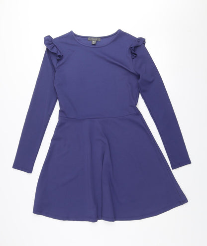 Primark Women Blue Long Sleeve Skater Dress Size 10 Ruffle Detail