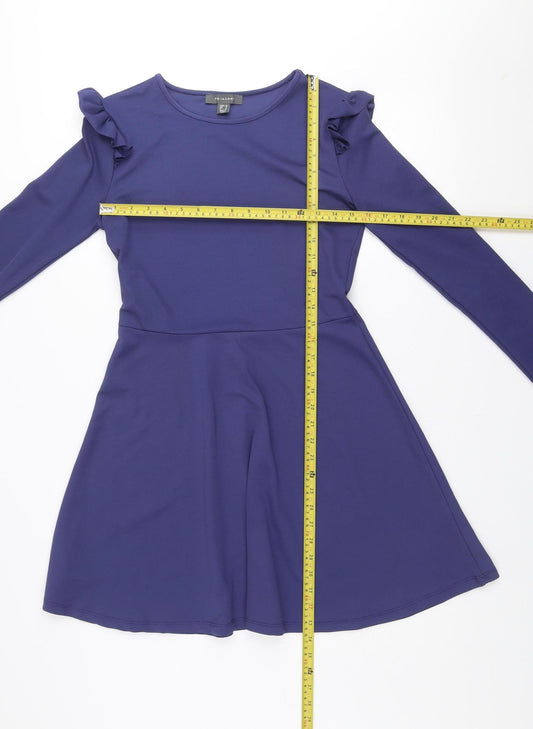 Primark Women Blue Long Sleeve Skater Dress Size 10 Ruffle Detail