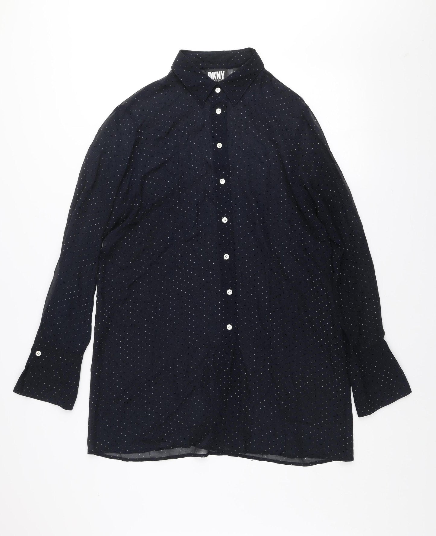 DKNY Women Black Polka Dot Silk Button-Up Long Sleeve Shirt L