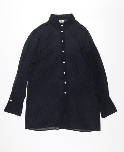 DKNY Women Black Polka Dot Silk Button-Up Long Sleeve Shirt L