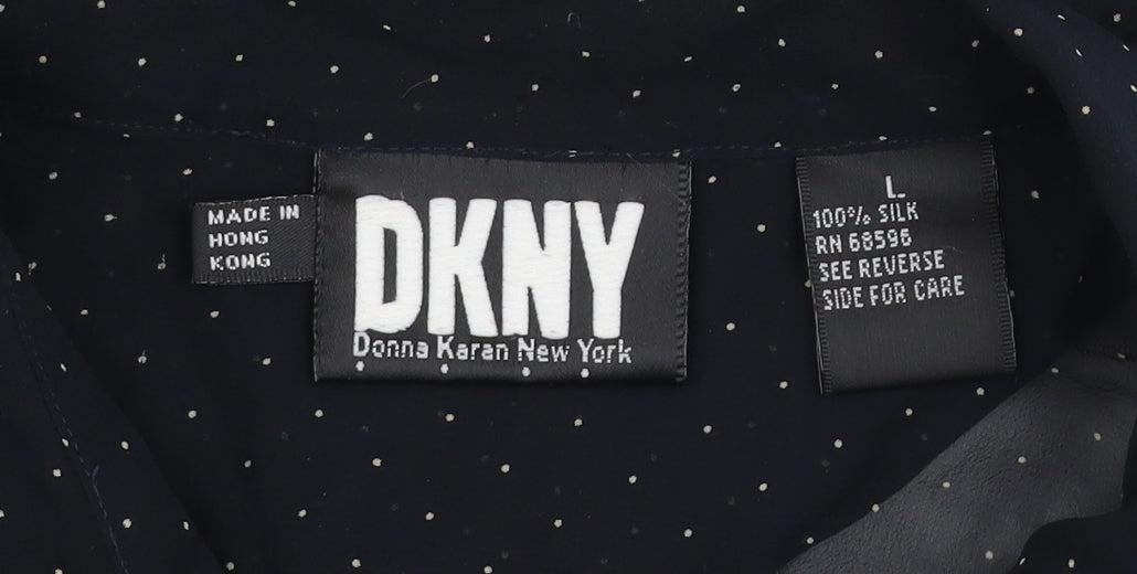 DKNY Women Black Polka Dot Silk Button-Up Long Sleeve Shirt L