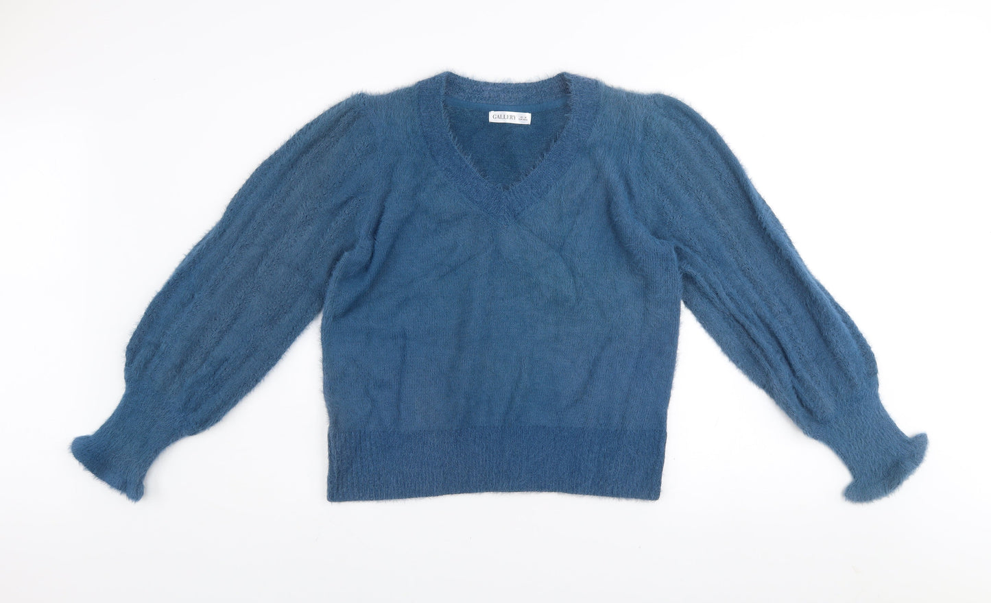 Gallery Women's Blue V-Neck Puff Sleeve Knit Jumper UK M