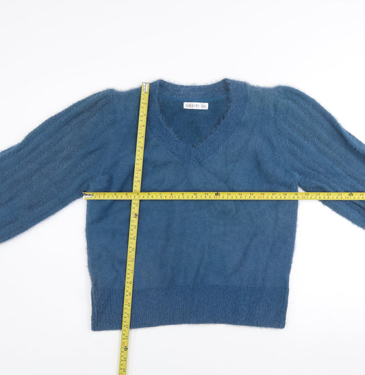 Gallery Women's Blue V-Neck Puff Sleeve Knit Jumper UK M