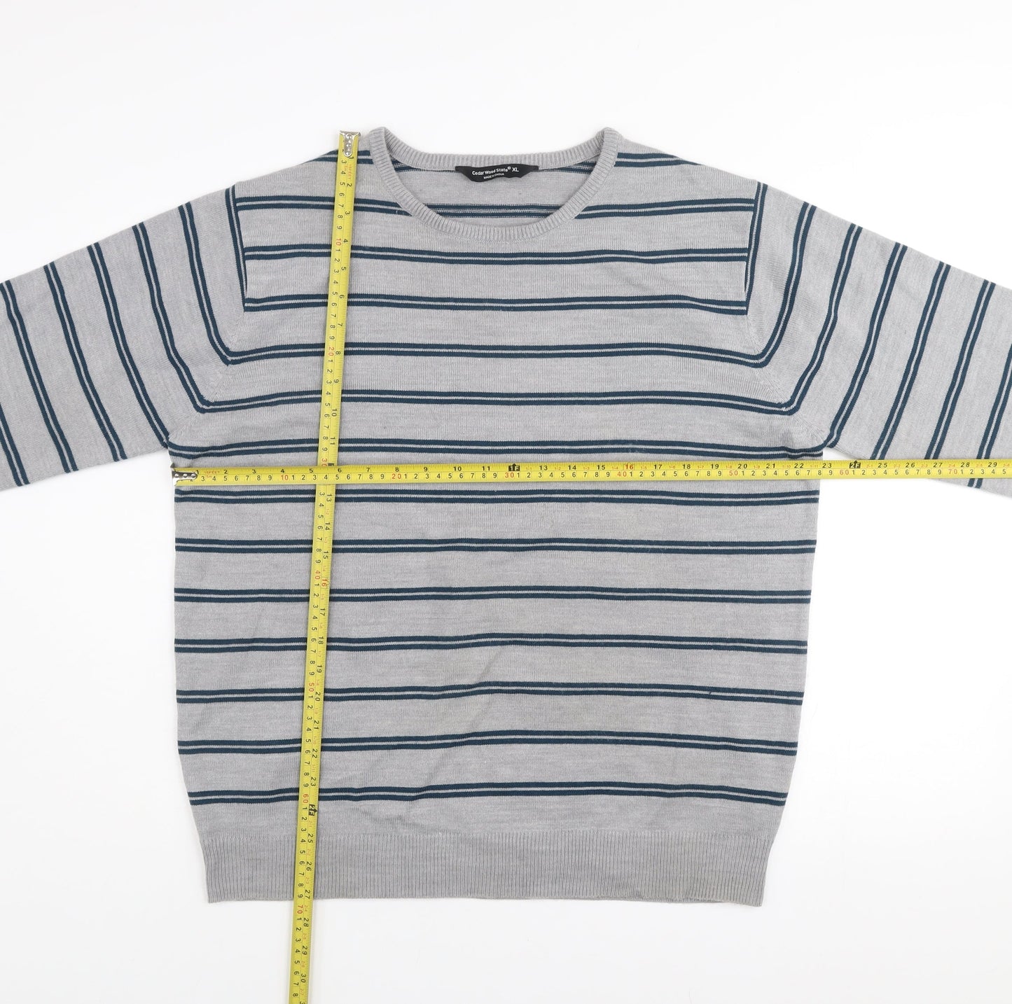 Cedar Wood State Men’s Grey Striped Acrylic Crew Neck Jumper XL