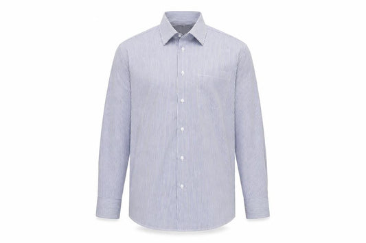 Front view of Dunnes Men's Blue Striped Regular Fit Long Sleeve Button-Up Shirt, size 15