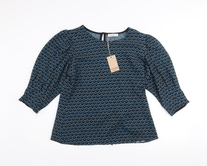 Gallery Women Blue Geometric Knit Puff Sleeve Pullover Jumper UK 16